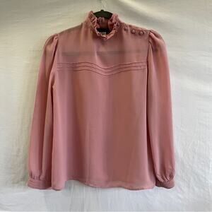 KLE Blouse Womens Size Medium Sheer Ruffle Neck Blush Pink Vintage Nostalgic 80s